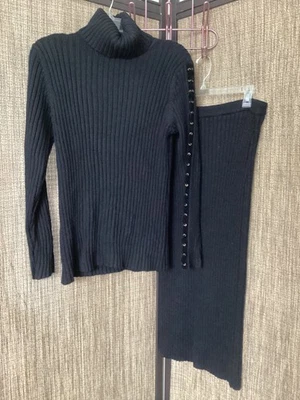 De Colección Nina Leonard Negro Acanalado Tejido Mezcla Lana Cuello Alto Suéter Falda Conjunto L Foto 1 de 4