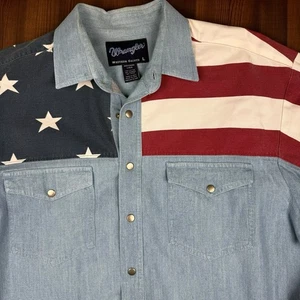 Vintage Wrangler Shirt Mens Large American Flag Western Pearl Snap Cowboy USA - Picture 1 of 6