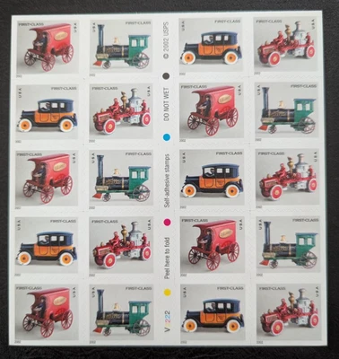 2002 US Stamp Sheet: Antique Toys, 4 Var, 20x37¢ Self-Adh, Scott 3629e, FV $7.40 - Image 1 of 3