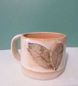 Rare New CLAY COFFEE MUG - 3" Tall - Glazed Peach / Cream Color w/ Leaf Design - Picture 1 of 8
