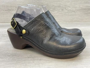 Nurture Women's 9 Black Floral Clog Leather Shoes Slingback Ankle Strap Buckle - Picture 1 of 11