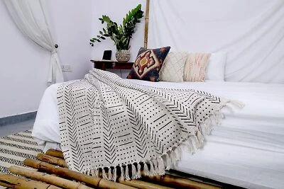 Handloomed Mud Cloth Throw Blanket Tassel Hand Block Printed Throw Indian Quilt  - Image 1 of 4