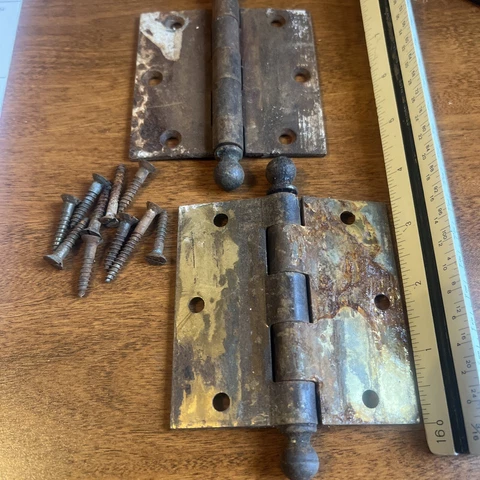 2 Heavy Duty Rusty Brass Plated Antique Door Hinge SW Cannon Ball  Matched Pair Cover