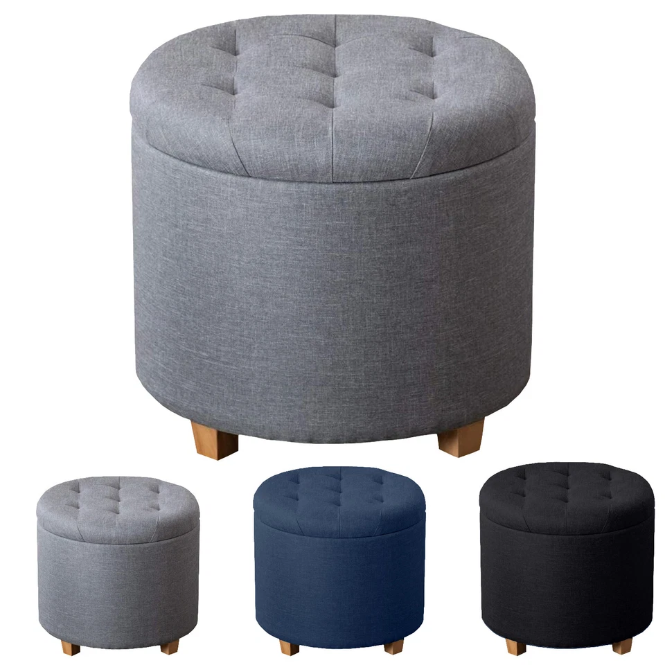 Ottoman Storage Pouffe Seat ROUND Stool with Lids Home Chair stool Bench LINEN - Image 1 of 1
