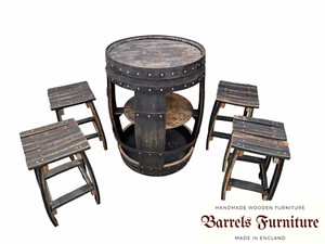 Oak Whiskey Barrel Table Set with 2 Shelves & 4 Stools | Burnt Oak Finish - Picture 1 of 6