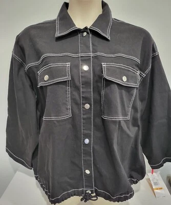 NWT RUBY RD BLACK DENIM JACKET 3/4 SLEEVES SNAP UP DRAW STRING BOTTOM 24W - Image 1 of 4
