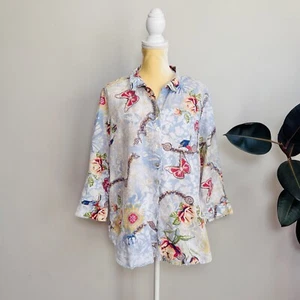 John Mark Women’s Button Up Shirt Floral Butterfly Batik Print Linen Top Sz M - Picture 1 of 10