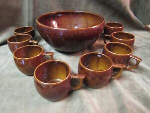 Rare Antique Roycroft Arts Crafts Brown Glaze Art Pottery Punch Bowl & 8 Cups