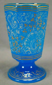 Bohemian Blue Opaline White Gold Floral Scrolls Gothic Arch Tumbler / Spa Glass