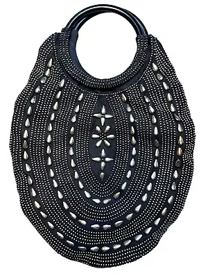 Vintage 1960s Handbag Purse Clutch Black Fabric Gold Embellishments Hong Kong - Image 1 of 4