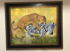 Original Lioness And Zebra Painting Oil In Canvas 16x20 Inches (Unframed)