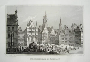 Stuttgart Marktplatz alter wunderschöner echter Stahlstich 1842 - Picture 1 of 1