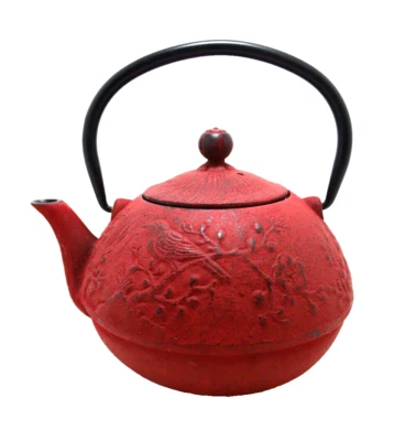 Teapot Red Iron Black Handle Fitted Strainer Tea Coffee Embossed Bird Design - Image 1 of 4