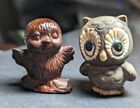 Vintage Lot Of 2 Porcelain Owl & Wood Carved Baby Bird Miniature Figurines