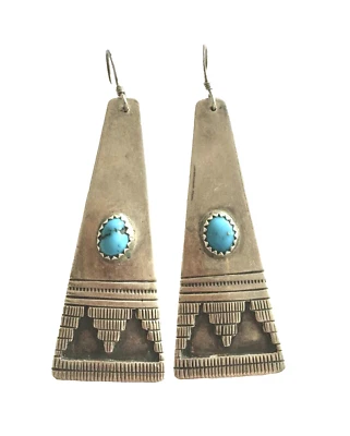 VINTAGE NAVAJO TURQUOISE AND STERLING SILVER DANGLE EARRINGS SIGNED P YAZZIE - Изображение 1 из 4