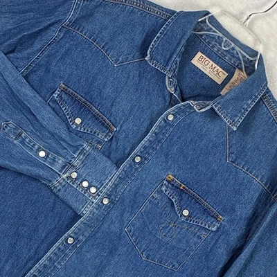 VTG Big Mac Western Pearl Snap Denim Workwear Shirt Mens XLT Yoke Faded - Image 1 of 4