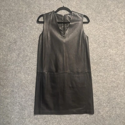 Vince Dress Womens Size 2 Black Genuine Lamb Leather Sleeveless Shift V Neck Zip - image 1 of 4