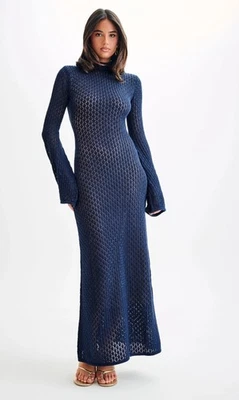 NEW Meshki Julia Crochet open back maxi dress Navy blue long slv party size MD - Image 1 of 4