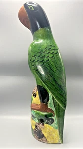 Vintage Parrot Majolica? Ceramic Figure TALL 20" BIRD Green Black Handpainted - Picture 1 of 23