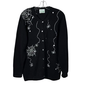 The Quacker Factory Vintage Halloween Spider Web Beaded Button Down Cardigan XL - Picture 1 of 7