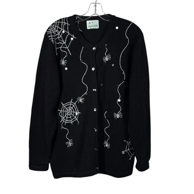 The Quacker Factory Vintage Halloween Spider Web Beaded Button Down Cardigan XL - Image 1 of 4
