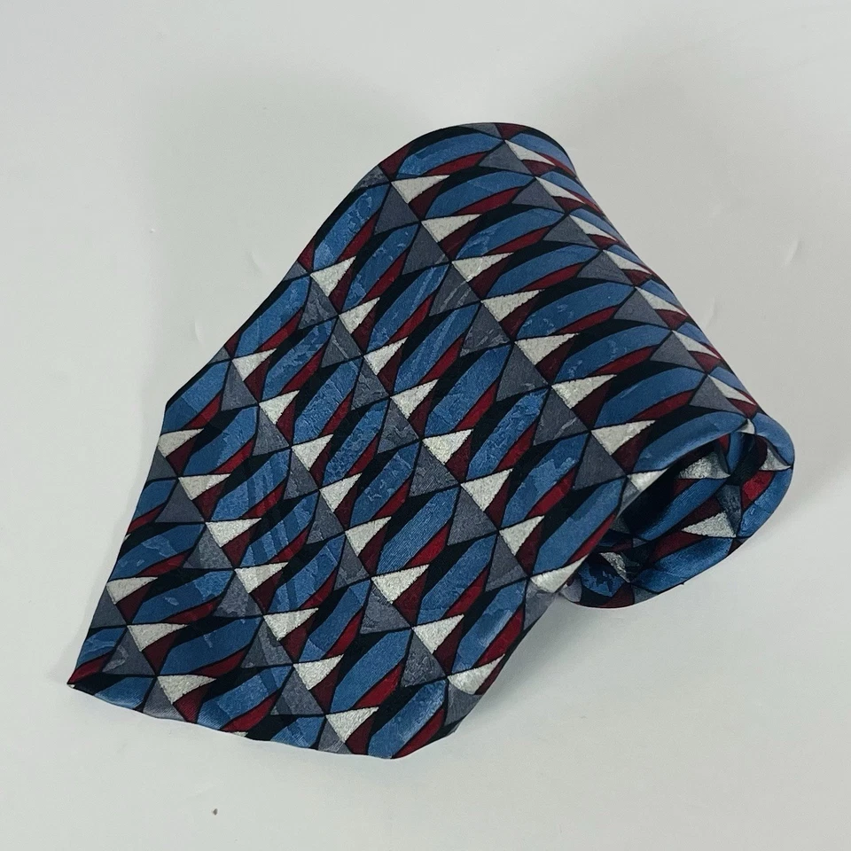 Monterey Bay 100% Silk Neck Tie Blue/Red/Silver/Black Geometric 3 7/8” - Image 1 of 4