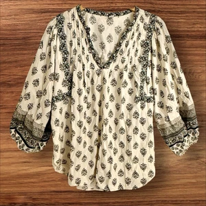 Old Navy Peasant Top Sz 3X Ivory w Black Floral Print Balloon Sleeve Super Comfy - Picture 1 of 7