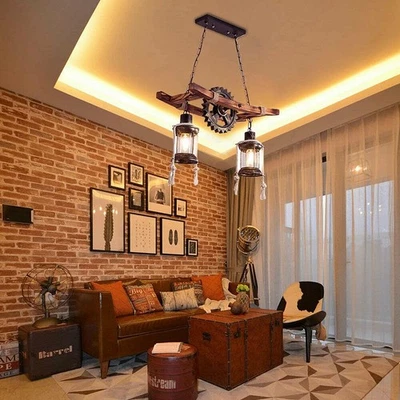 Farmhouse Furniture Wood Chandelier Pendant Lighting 2-Light Fixture Kitchen Bar - Image 1 of 4