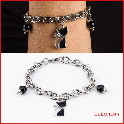 bracciale donna color argento pietre dure naturali onice e ciondolo gatto catena - Immagine 1 di 4