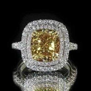 3Ct Cushion Cut Lab-Created canary Diamond Engagement Ring 14K White Gold Plated - Picture 1 of 10