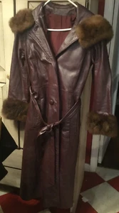 Vintage Leather Long Coat Size 10 w/Fur Trim - Picture 1 of 6