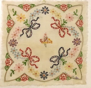Vintage Hand Made Embroidery UNFRAMED 17.5"x16.5" Flowers-Bows and a BUTTERFLY - Picture 1 of 4