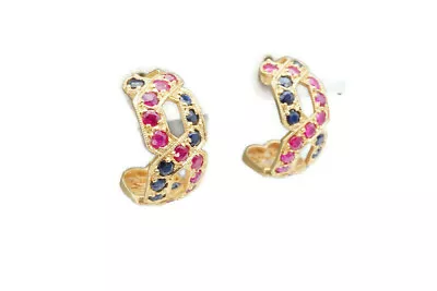 14k Yellow Gold 1 Carat Ruby And Sapphire J Hoop Earrings  - Image 1 of 4