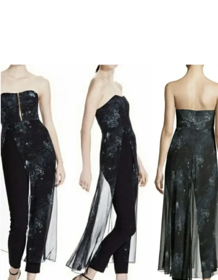 Haute Hippie SIZE 0 Black Strapless Jumpsuit Silk Chiffon Maxi Bustier Corset - Image 1 of 4