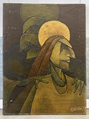 🔥 Unusual Vintage Modern CUBIST Surreal Jesus Christ Oil Painting GRAHAM 1957 - Image 1 of 4