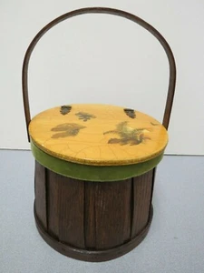 Cesta de madera vintage redonda cubo de almuerzo forrado con tapa con bisagras mango animales - Imagen 1 de 12