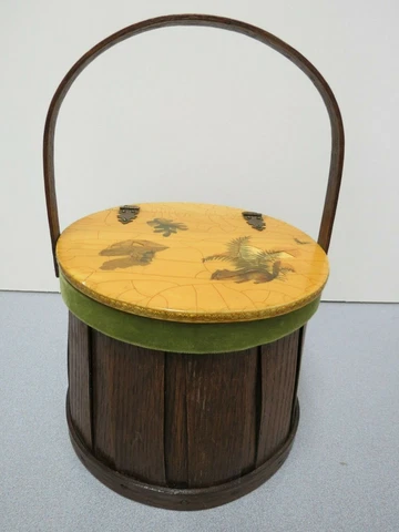 Vintage Wooden Basket Round Lunch Pail Lined w/ Hinged Lid Handle Animals Cover