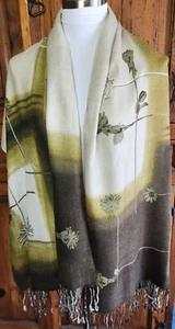 Hand-Dyed Pashmina Rectangle Shawl w/ Fringe in Cream, Brown & Olive 70" X 27" - Picture 1 of 7