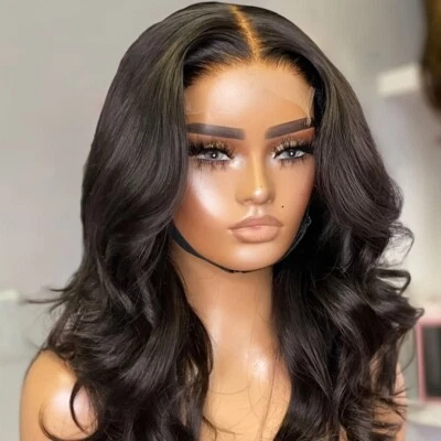 Short Black Body Wavy Synthetic Lace Front Wigs 10% Human Free Part Glueless Wig - Image 1 of 4