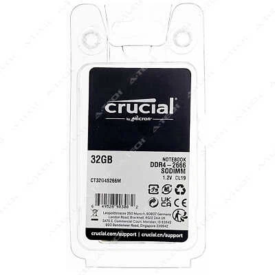 Crucial 32GB DDR4 2666MHz PC4-21300 SODIMM Factory Sealed Memory RAM CT32G4S266M - Image 1 of 3