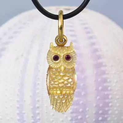 Gold Vermeil Sterling Silver Mother-of-Pearl Owl Pendant Red Ruby Gem Eyes 4.10g - Image 1 of 4