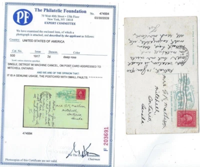 Scott #500 Ty 1a, Detroit MI to Mitchell Canada, 2009 PF Cert RARE cat $650 - Image 1 of 2