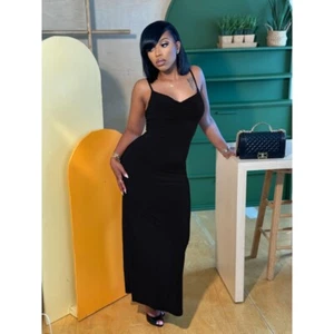 Womens Sleeveless Bodycon Maxi Dress-Sexy Pleated V, Adjustable Spaghetti Straps - Picture 1 of 19