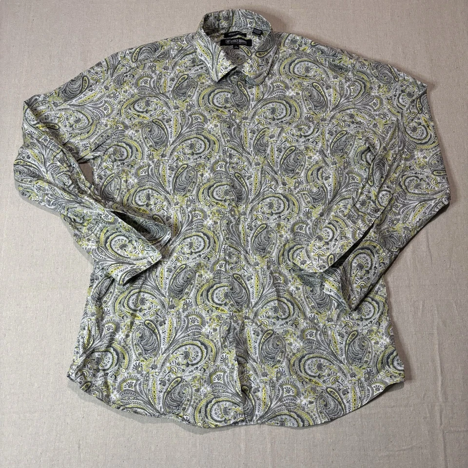 Stacy Adams Shirt Mens Size XL - 17 Gray Yellow Paisley Western Button Down - Image 1 of 4