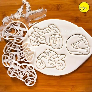 Motorbike, Helmet, Rider cookie cutters - Motorcycle Birthday Party biker racer - Picture 1 of 11