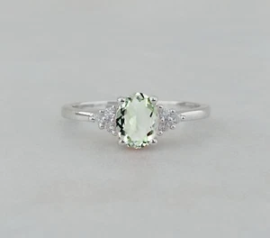 Vintage Natural Green Amethyst Ring 925 Silver with Diamonds Accent Promise Ring - Picture 1 of 7