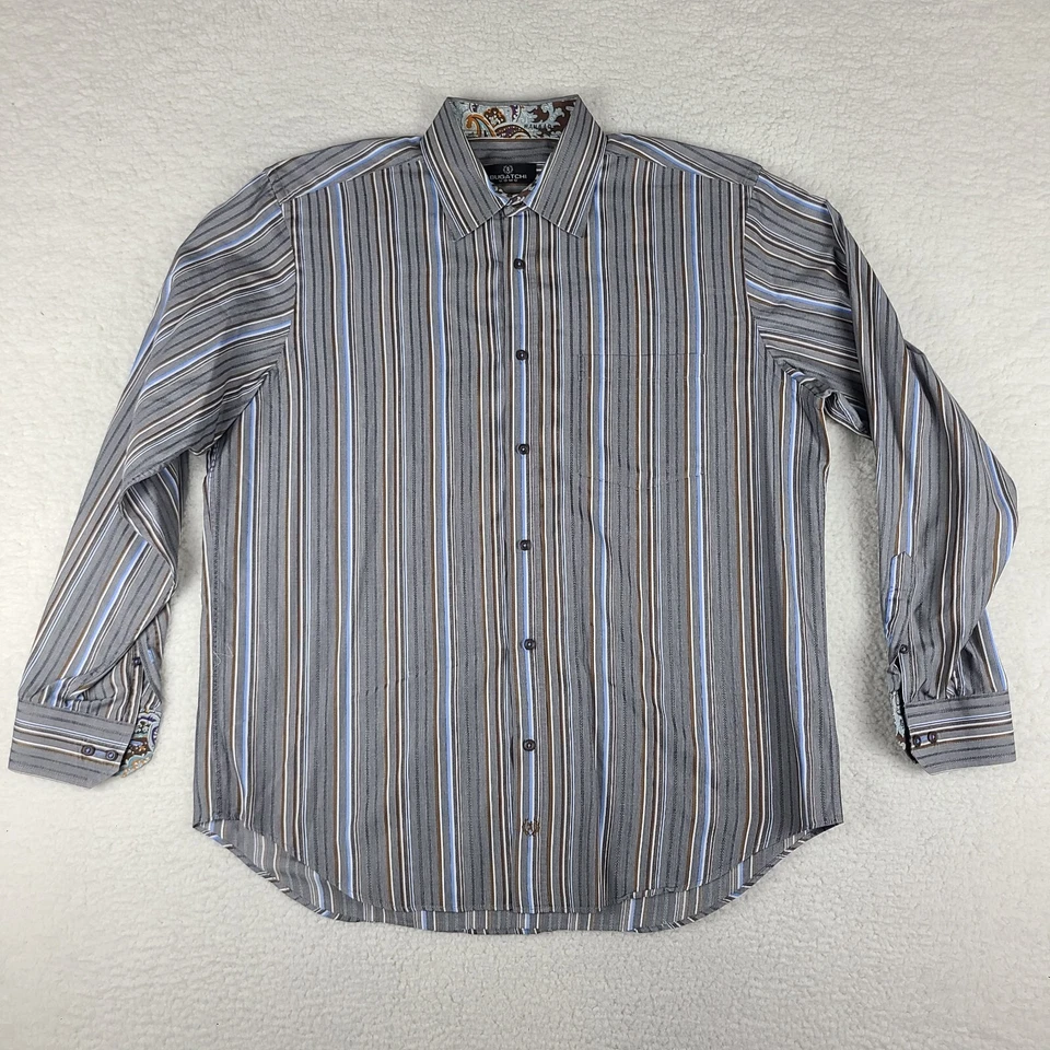 Bugatchi Uomo платье рубашка мужская XL коричневый серый в полоску на пуговицах - Изображение 1 из 4