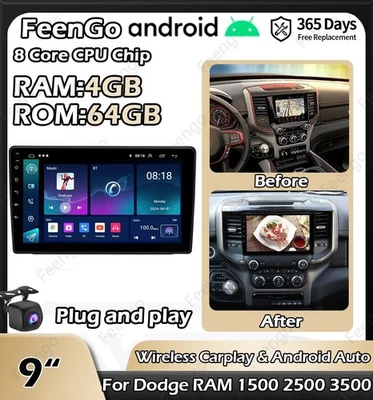 9" Android Car Radio GPS Stereo BT CarPlay Screen For 2019-2023 Dodge RAM Tuck - Image 1 of 4