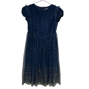 MINI BODEN blu ESTHER METALLIC STAR PARTY DRESS velluto tulle bambina taglia 9/10 - Foto 1 di 9