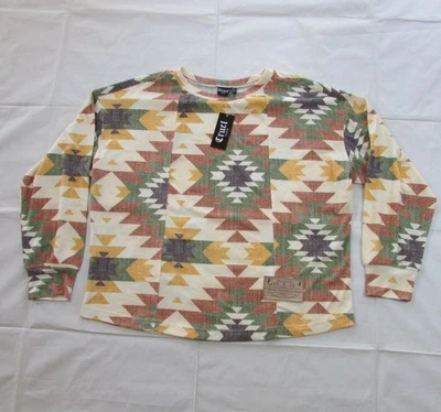 Camisa Cruel Denim Para Mujer XL Manga Larga Hombro Caído Tejido Acanalado Estampado Azteca Foto 1 de 4